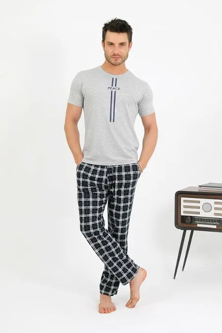 Erkek Pamuk Kısa Kol Pijama Takım Gri Akbeniz 6875 - Gri