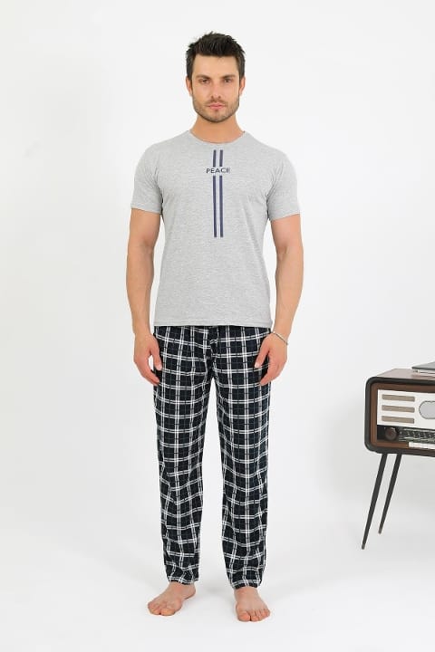 Erkek Pamuk Kısa Kol Pijama Takım Gri Akbeniz 6875 - Gri