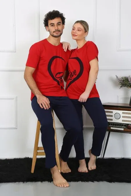 Erkek Pamuk Penye Sevgili Kombini Pijama Takımı Kırmızı Akbeniz 50128  - Kırmızı