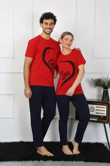 Erkek Pamuk Penye Sevgili Kombini Pijama Takımı Kırmızı Akbeniz 50128  - Kırmızı