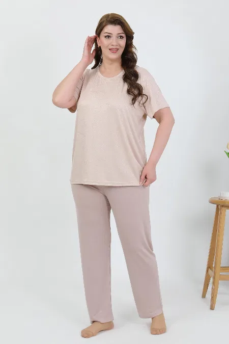 Büyük Beden Kısa Kollu Penye Kadın Pijama Takımı Akbeniz 202510 - Sütlü Kahve