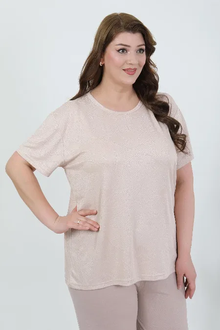 Büyük Beden Kısa Kollu Penye Kadın Pijama Takımı Akbeniz 202510 - Sütlü Kahve