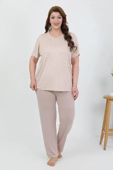 Büyük Beden Kısa Kollu Penye Kadın Pijama Takımı Akbeniz 202510 - Sütlü Kahve
