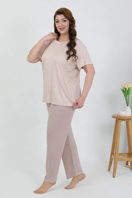 Büyük Beden Kısa Kollu Penye Kadın Pijama Takımı Akbeniz 202510 - Sütlü Kahve