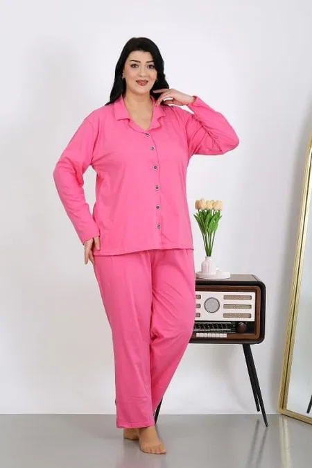 Uzun Kollu Büyük Beden Penye Cepli Pembe Kadın Pijama Takım Akbeniz 202504 - Pembe