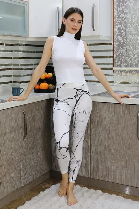 Micro Desenli Kadın Tayt Kadın Beyaz Akbeniz 5920 - Beyaz