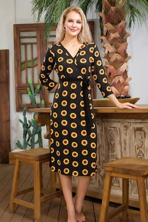 Çiçek Desenli Kuşaklı Uzun Elbise Lady 7000 - Siyah