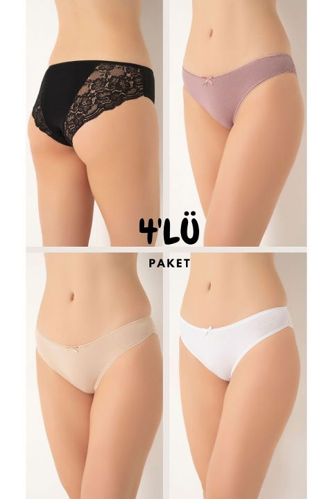 Yüksek Bel Dantelli Bikini Külot 4'lü Set Confeo 804