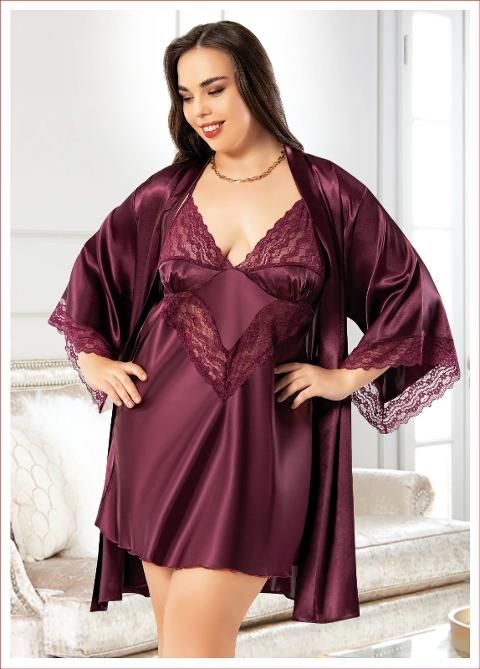 Dantelli Asimetrik Büyük Beden Saten Gecelik Sabahlık Takımı Miss Laris 6005 - Bordo