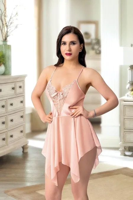 Asimetrik Kesim Tül Kısa Saten Gecelik Siyah-Gri Pink Night 3912 - Pudra