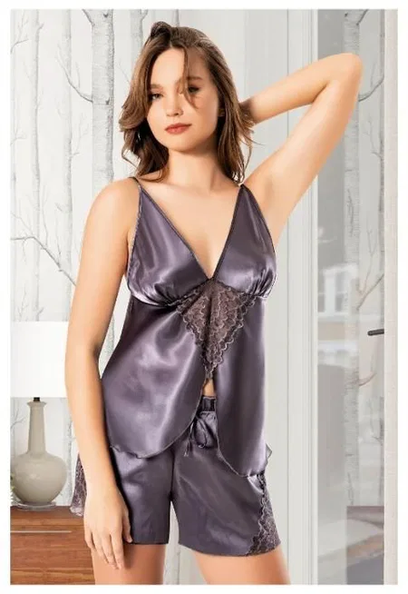 Asimetrik Kesim Yırtmaçlı İnce Askılı Şort Pijama Takımı Miss Laris 3116 - 2