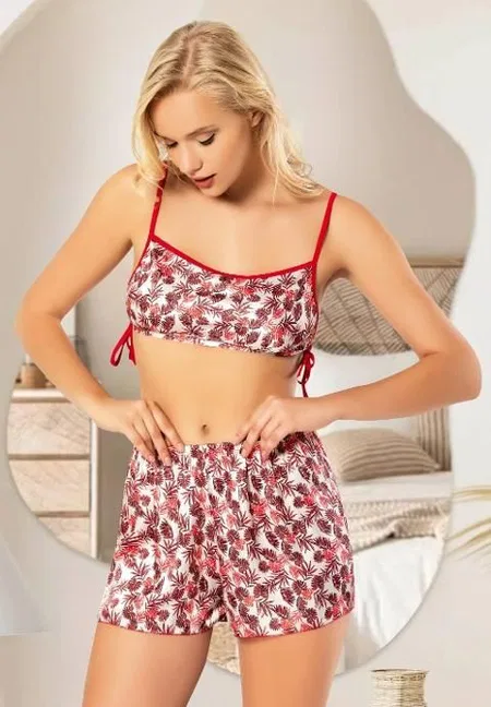 Desenli Askılı Saten Büstiyer Kısa Şort Takım Miss Laris 3068