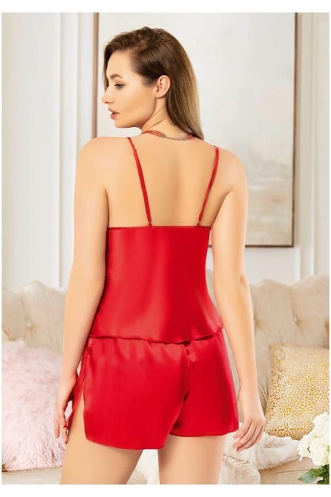 Askılı Saten Kırmızı Büyük Beden Şort Takım Miss Laris 4224 - 2