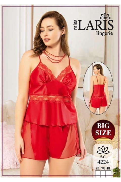 Askılı Saten Kırmızı Büyük Beden Şort Takım Miss Laris 4224 - Kırmızı