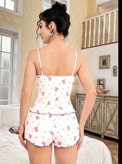 Çiçek Desenli Şortlu Gecelik Takım Kadın Ruselin 5113 - Beyaz