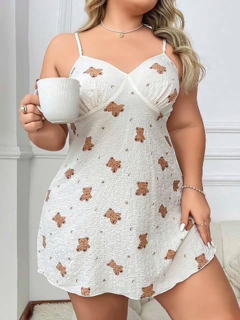 Ayıcık Desenli Askılı Kadın Gecelik Beyaz Lily Bianca 13043 - 2