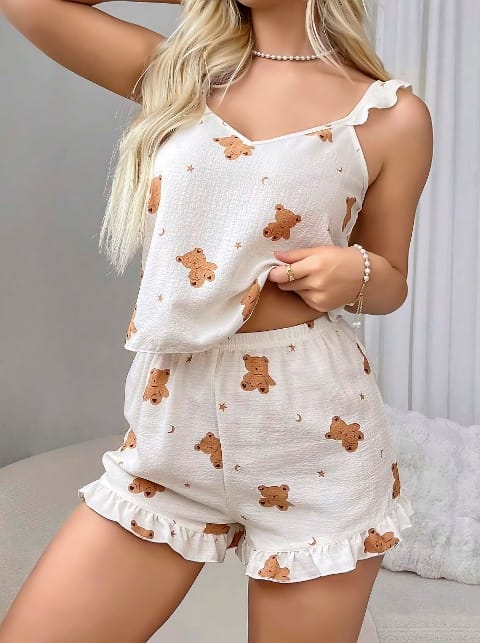 Ayıcık Desenli Rahat Şort Takım Kadın Pijama Lily Bianca 13039