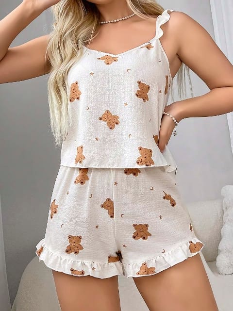 Ayıcık Desenli Rahat Şort Takım Kadın Pijama Lily Bianca 13039 - Beyaz