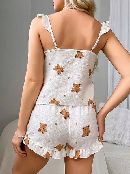 Ayıcık Desenli Rahat Şort Takım Kadın Pijama Lily Bianca 13039 - Beyaz