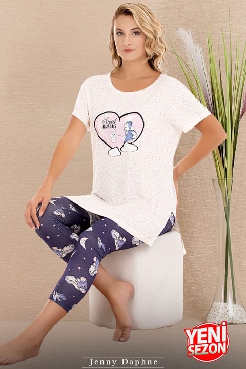 Baskılı Kısa Kollu T-Shirt Kapri Pijama Takımı Lady 12069 - Beyaz