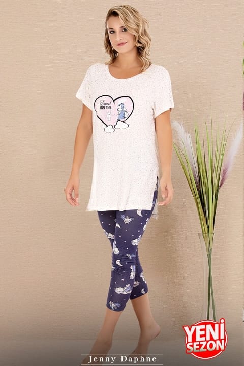 Baskılı Kısa Kollu T-Shirt Kapri Pijama Takımı Lady 12069 - Beyaz