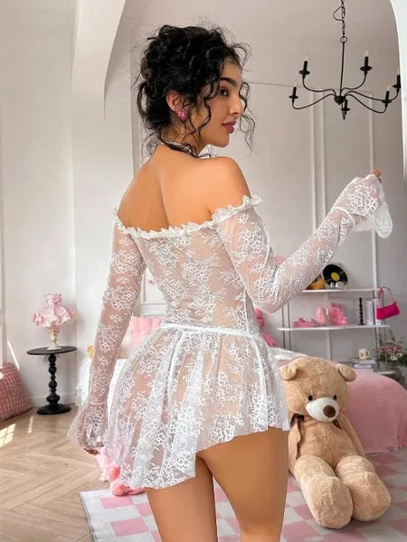 Düşük Omuz Dantelli Fantezi Beyaz Gecelik Beleng 6087 - Beyaz