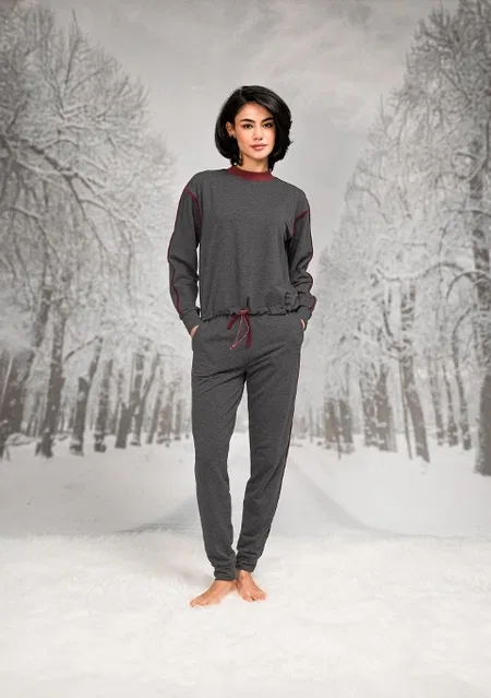 Pamuklu Polyester Beli Lastikli Uzun Kollu Sweatshirt Pantalon Takım Doreanse 26K4094 - Gri