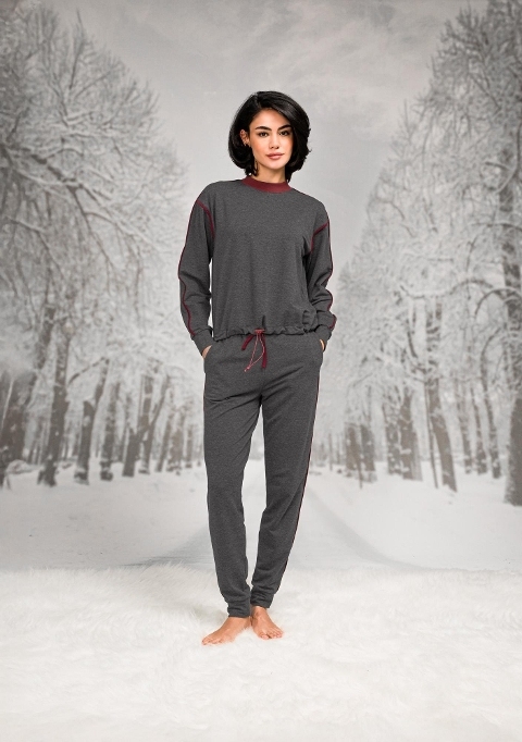 Pamuklu Polyester Beli Lastikli Uzun Kollu Sweatshirt Pantalon Takım Doreanse 26K4094 - Gri