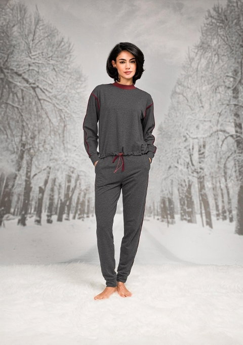 Pamuklu Polyester Beli Lastikli Uzun Kollu Sweatshirt Pantalon Takım Doreanse 26K4094