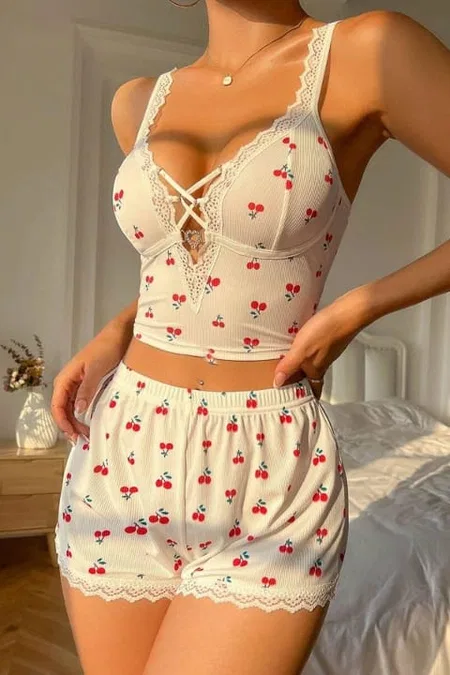 Beyaz Kiraz Rüyası Şort Takım Bella Notte 7539 - Beyaz