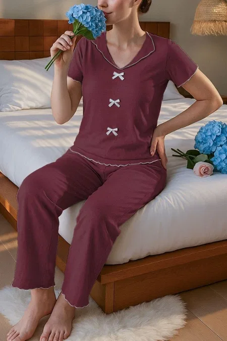 Bordo Kısa Kollu Fiyonk Detaylı Pamuklu Pijama Takımı Bella Notte 7349 - Bordo