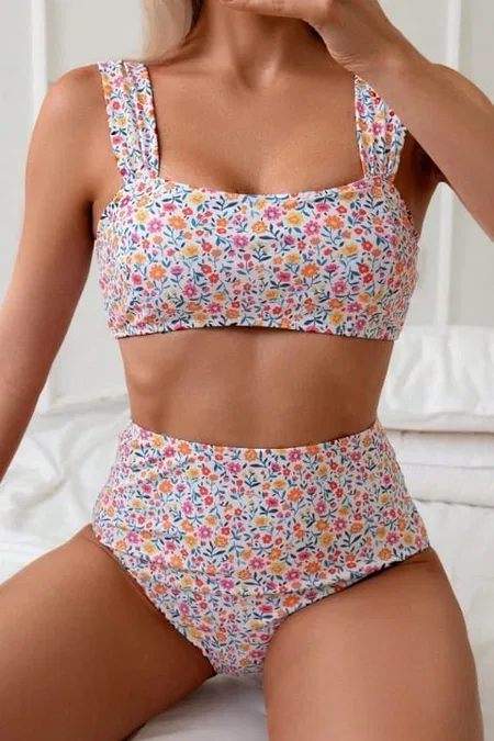 Çok Renkli Çiçek Baskılı Yüksel Bel Bikini Takım Bella Notte M-9015 - Çok Renkli
