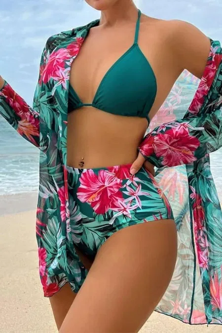 Çok Renkli Tropikal Baskılı 3 Parça Bikini Takımı Bella Notte M-9007 - Çok Renkli