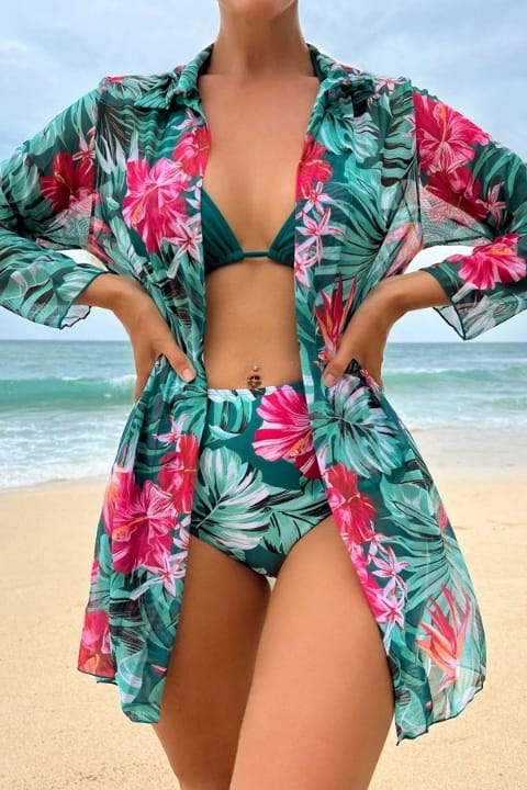 Çok Renkli Tropikal Baskılı 3 Parça Bikini Takımı Bella Notte M-9007 - Çok Renkli