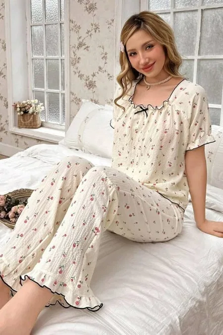 Ekru Retro Model Kare Yaka Pijama Takımı Bella Notte 7309 - Ekru
