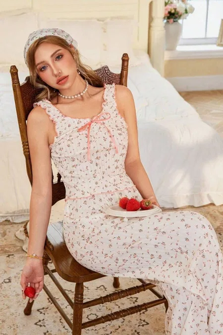 Ekru Vintage Model Çiçek Desenli Naif Pijama Takımı Bella Notte 7323 - Ekru