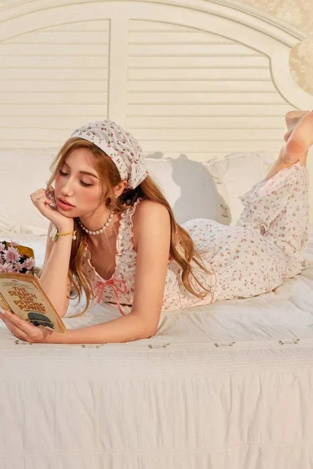 Ekru Vintage Model Çiçek Desenli Naif Pijama Takımı Bella Notte 7323 - Ekru