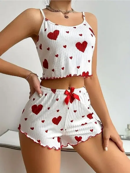 Kalp Desenli Pamuklu Pijama Takımı Bella Notte 7595 - Kırmızı
