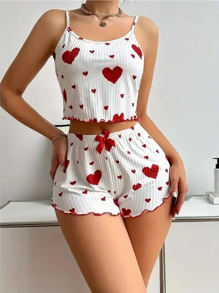 Kalp Desenli Pamuklu Pijama Takımı Bella Notte 7595 - Kırmızı