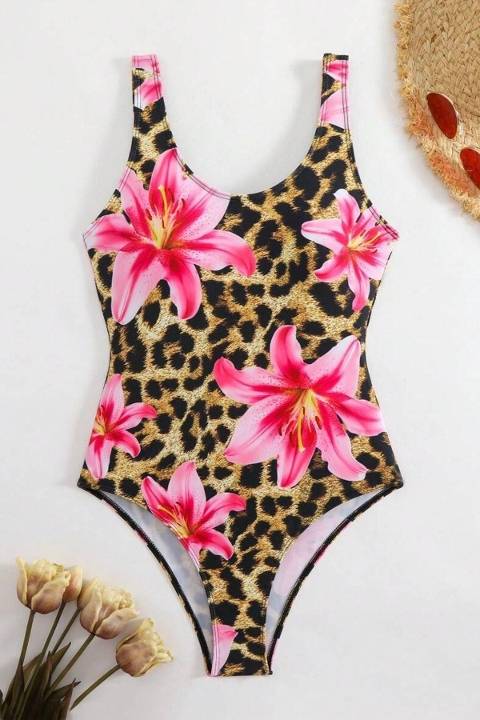 Leopar Zambak Baskılı Tek Parça Kadın Mayo Bella Notte M-9033 - Leopar