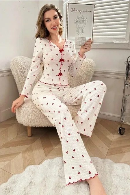 Kiraz Desenli Pamuklu Kurdelalı Pijama Takımı Bella Notte 7135 - Kırmızı