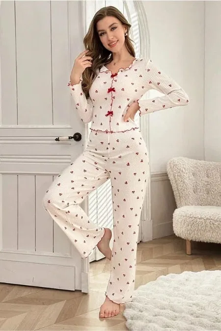 Kiraz Desenli Pamuklu Kurdelalı Pijama Takımı Bella Notte 7135 - Kırmızı