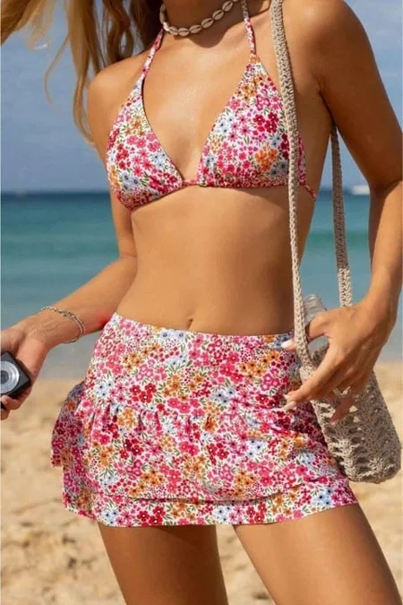Pembe Çiçek Desenli Etekli 3 Parça Bikini Takımı Bella Notte M-9005 - Pembe