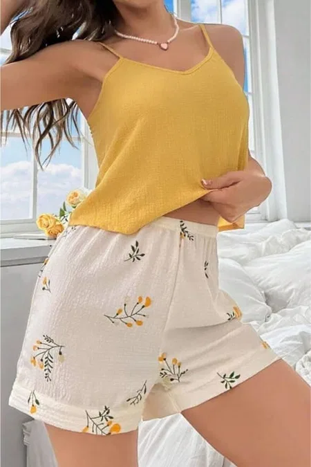 Sarı Bahar Dalı Yaprakları Ev İçi Şort Takım Bella Notte 7717 - Sari