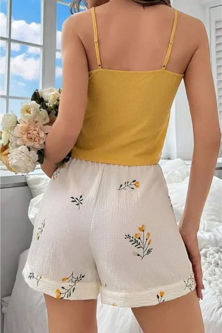 Sarı Bahar Dalı Yaprakları Ev İçi Şort Takım Bella Notte 7717 - Sari