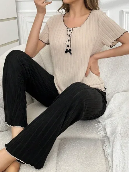 Kısa Kollu Kurdelalı Geniş Fitilli Siyah Kadın Pijama Takımı Bella Notte 7153 - Siyah