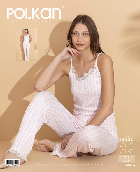 Dantel Askılı Beyaz Pijama Takım Polkan 19235 - Beyaz