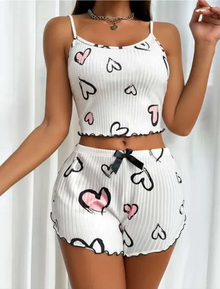Kalp Desenli İp Askılı Şortlu Pijama Takımı Real Passione 16 - Beyaz