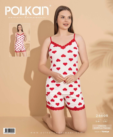 Beyaz Kalpli Askılı Viskon Şort Pijama Takım Polkan 24698 - Beyaz