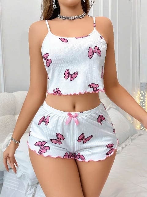 Yazlık Şort Pijama Takımı Beyaz Kelebekli Lily Bianca 13094